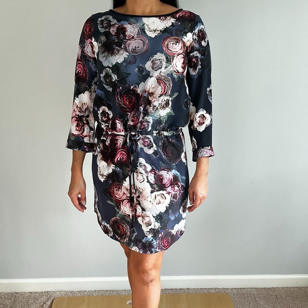 Club Monaco silk dress, floral print. Business in the front, party in the back!